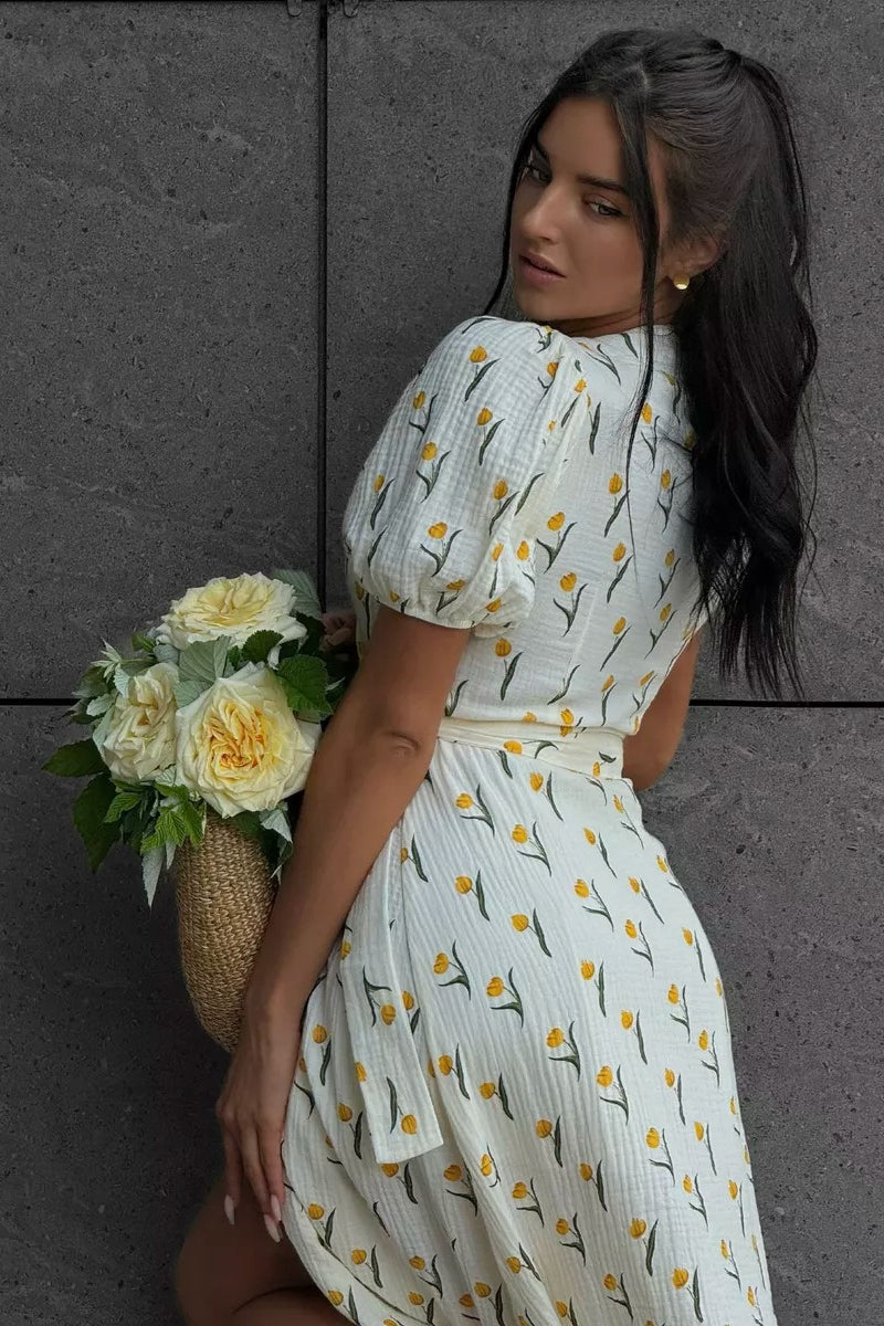 Printed Puff Sleeve Cotton Midi Dress