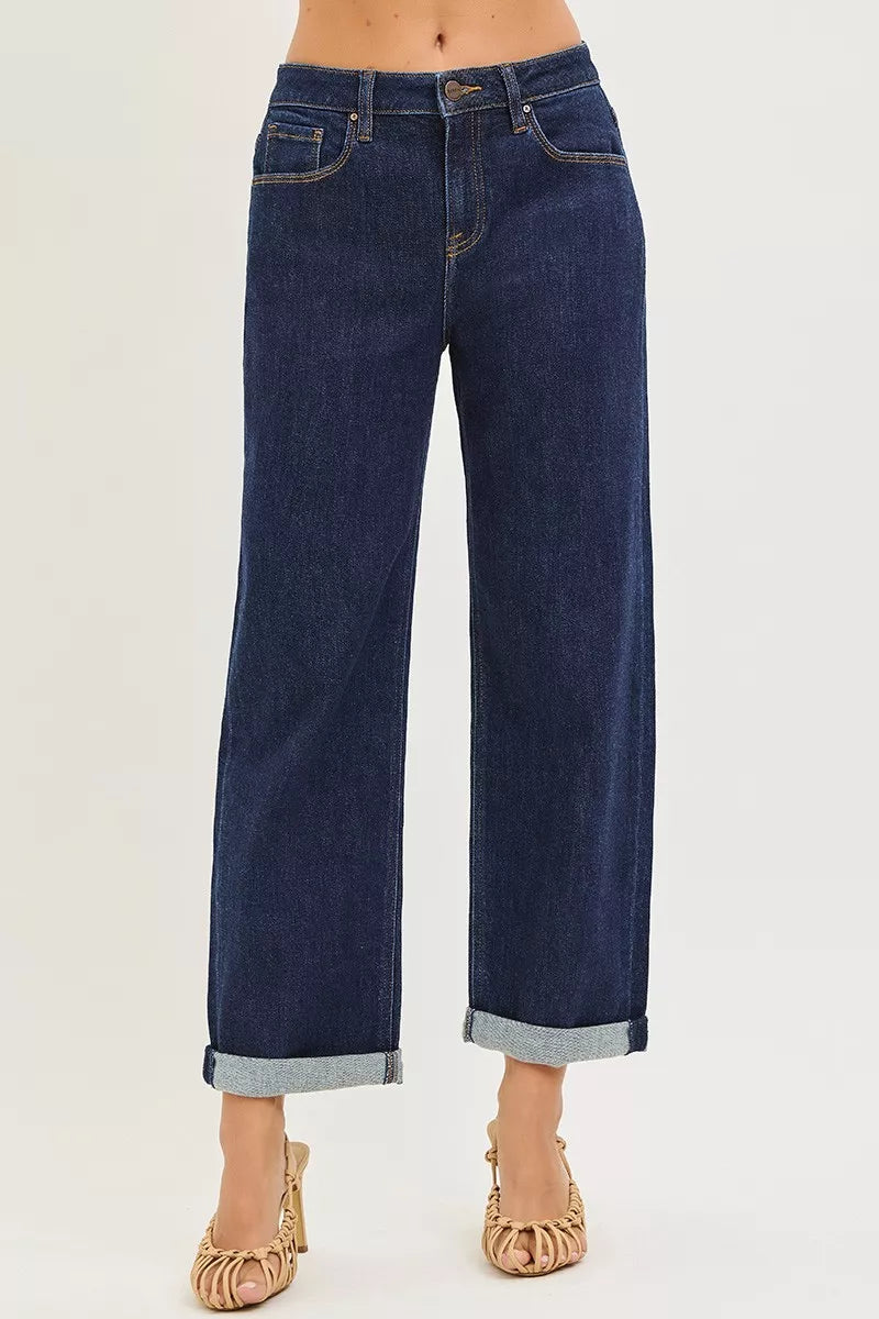 Mid Rise Straight Leg Rolled Cuff Cropped Boyfriend Jeans 2