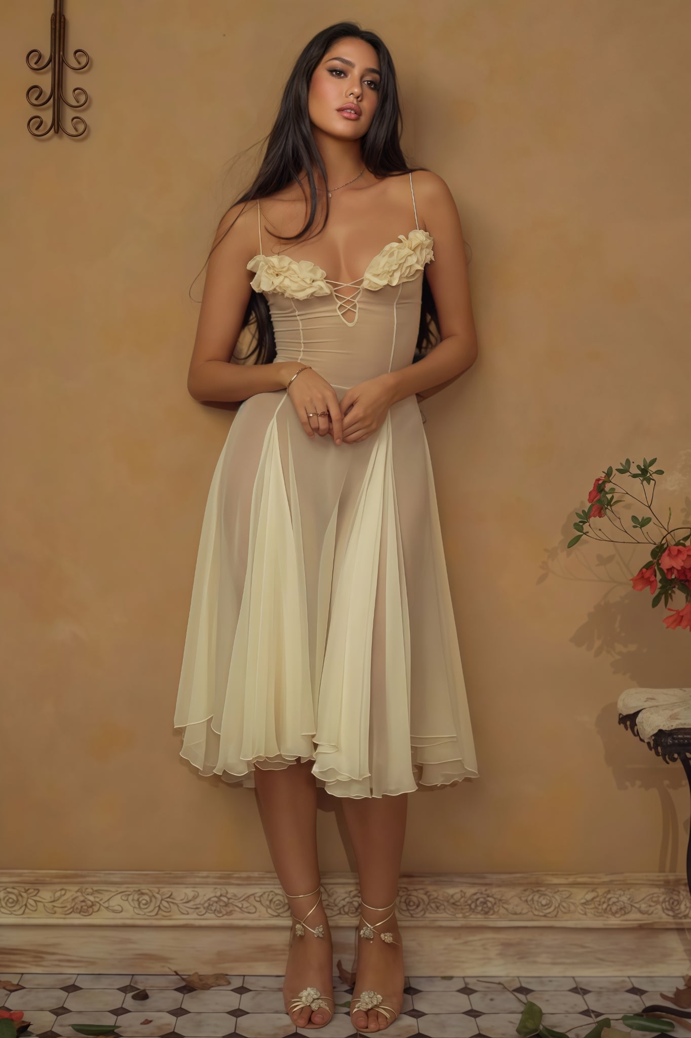 Thadt Yellow Strapless Mesh Midi Dress - View 3