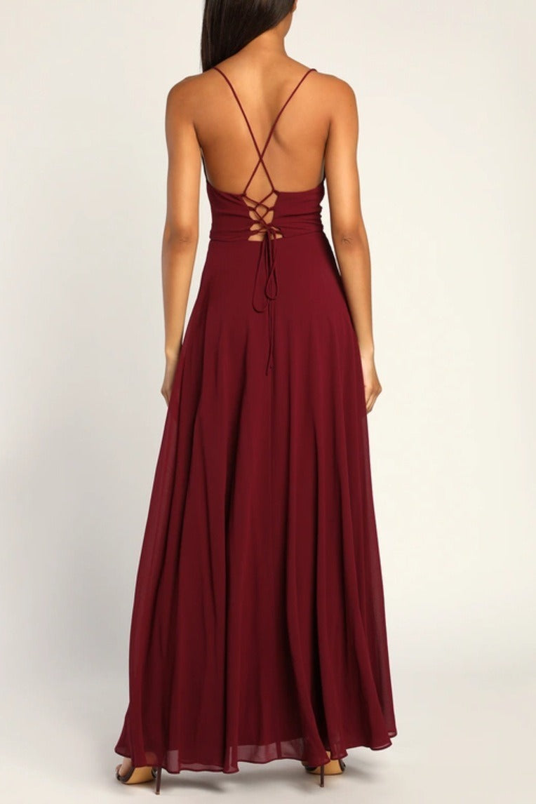 Chiffon Cowl Neck Lace Up Back High Split Maxi Dress