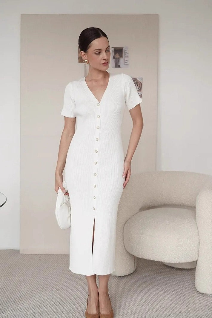 Waist Cinched V Neck Single Breasted Mini Sleeve Knit Maxi Sweater Dress