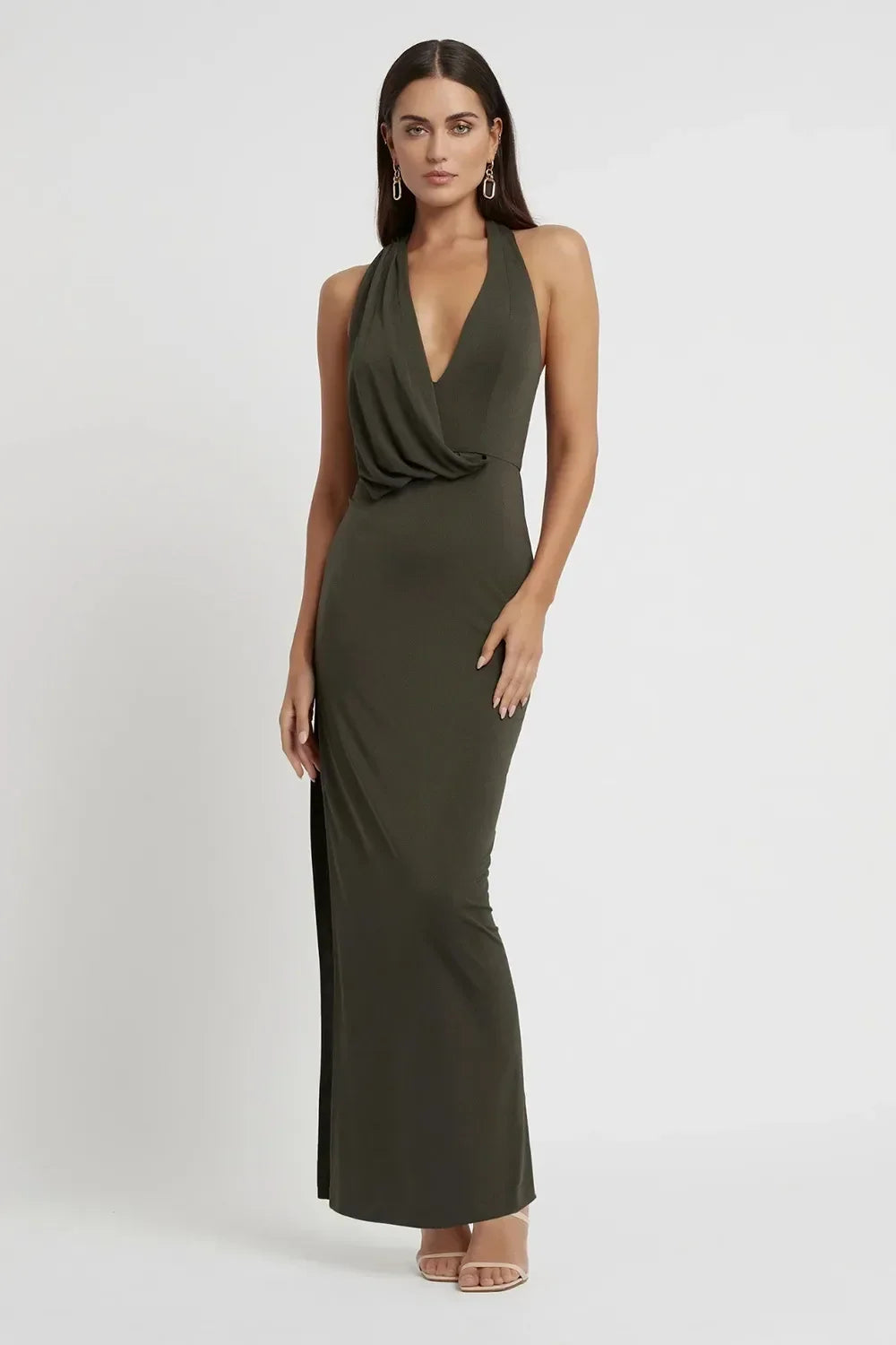 Draped Plunge Halter Neck Backless High Split Maxi Dress