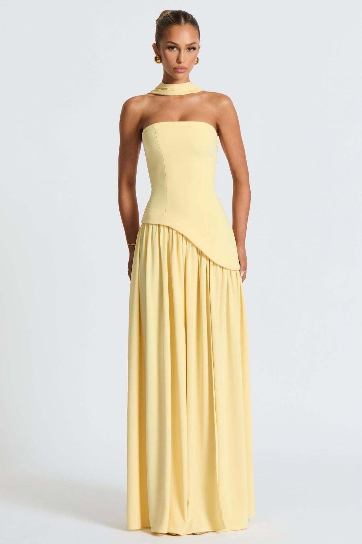 Strapless Scarf Neck High Split Draped Maxi Gown