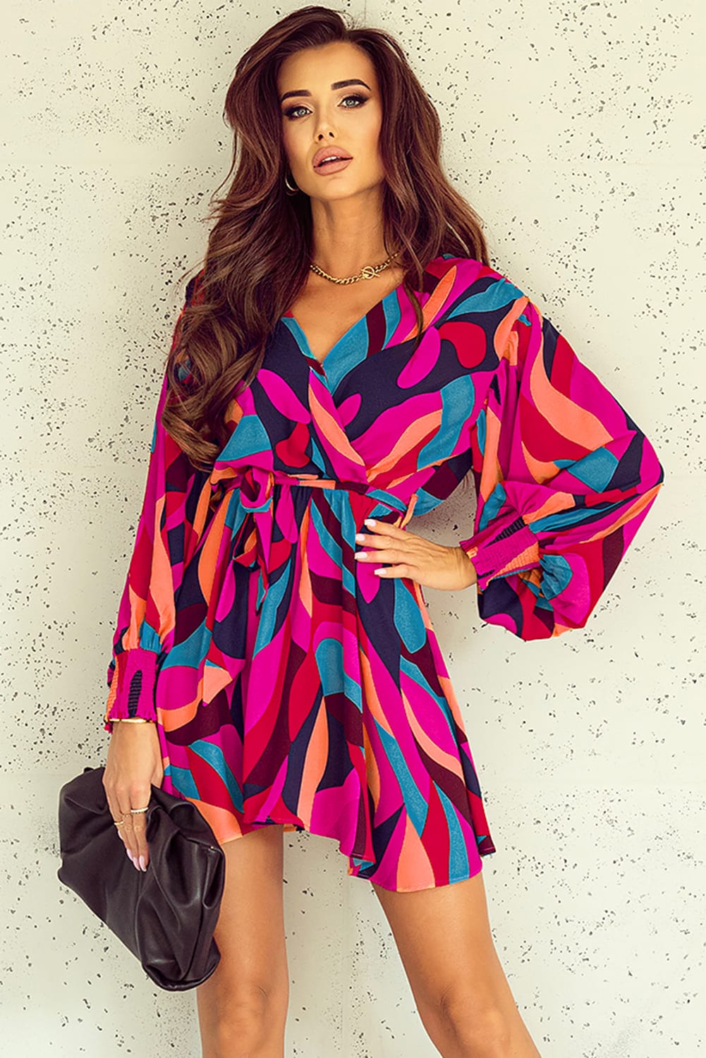 Printed Surplice Neck Tie Waist Dress Multicolor