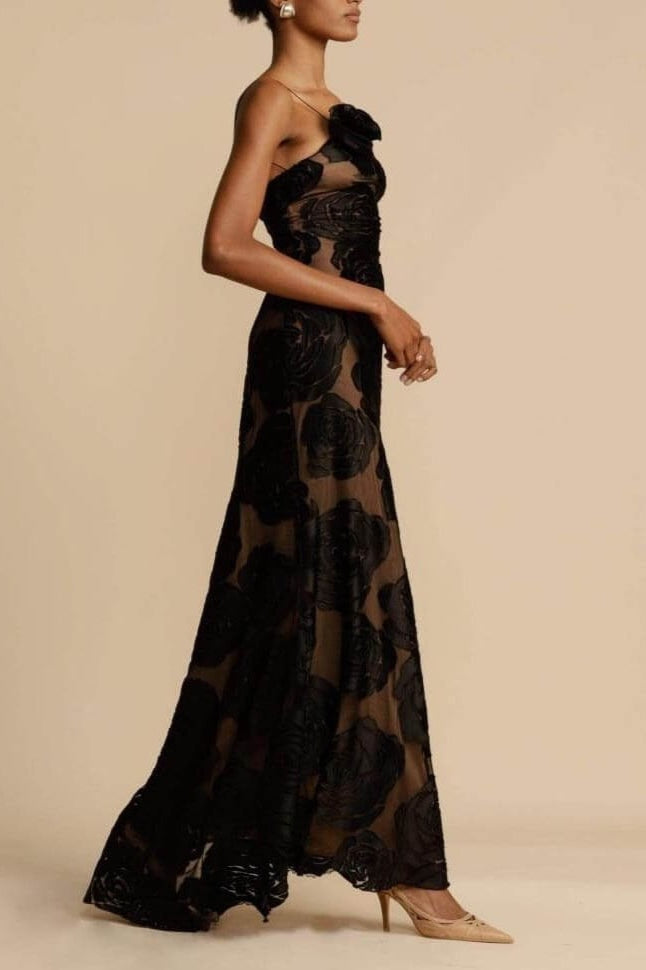 Floral Rosette One Shoulder Mesh Mermaid Gown