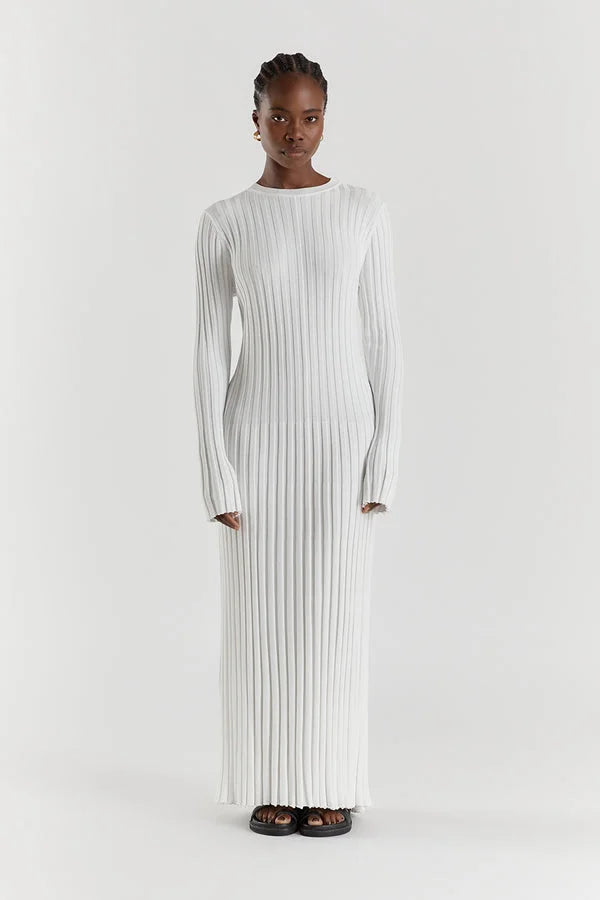 Ribbed Knit Crew Neck Long Sleeve Slim Fit Column Maxi Dress