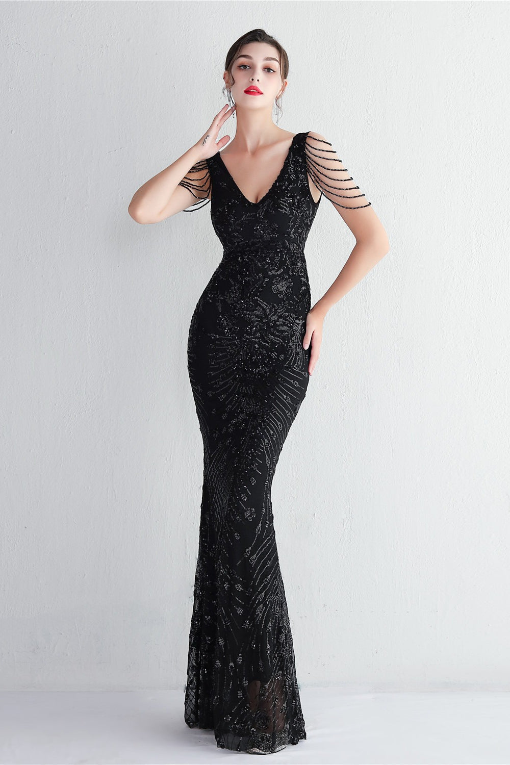 Sequin V-Neck Beaded Fringe Sleeve Mermaid Evening Gown