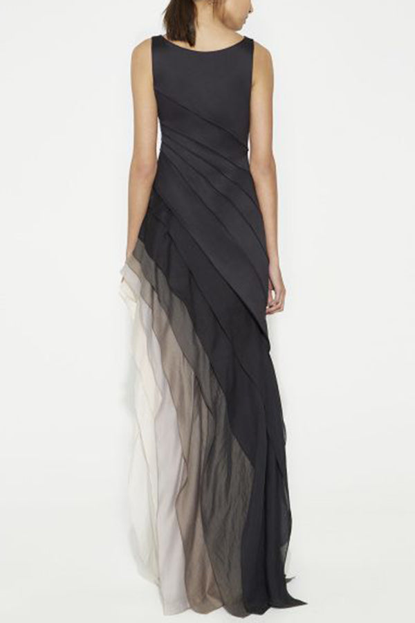 Sleeveless Boat Neck Ombre Tiered Diagonal Panel Maxi Gown 6