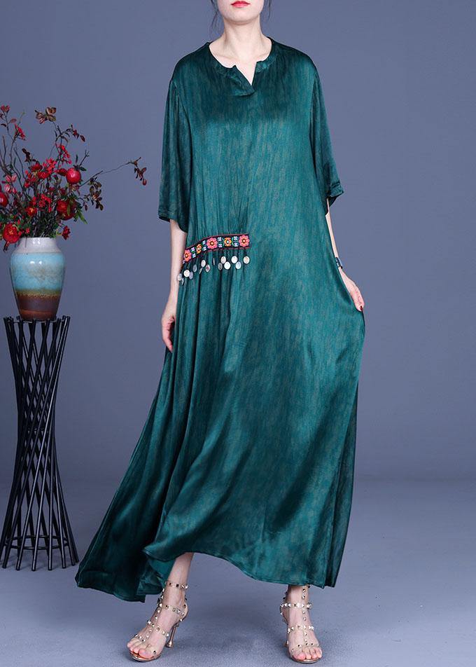 Stand Collar Wide Sleeve Floral Embroidery Coin Charm Crinkled Maxi Dress