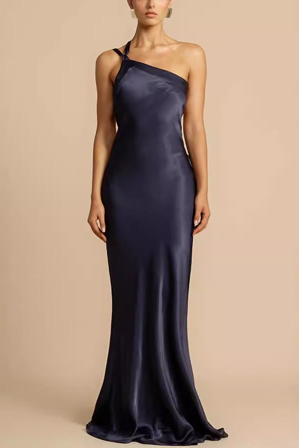 Satin One Shoulder Twisted Strap Mermaid Maxi Gown