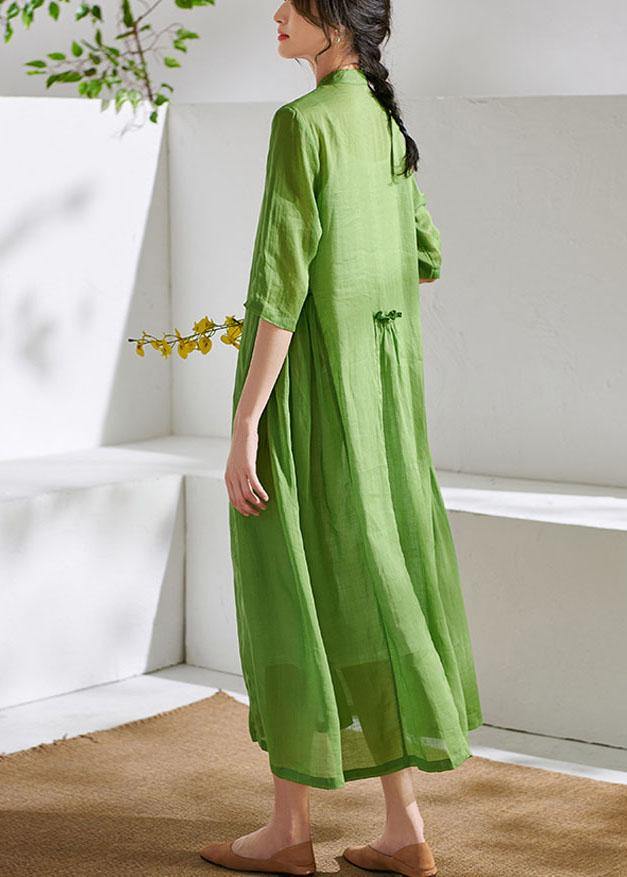 Mandarin Collar Button Placket Pintuck Drop Waist Half Sleeve Gauze Maxi Dress
