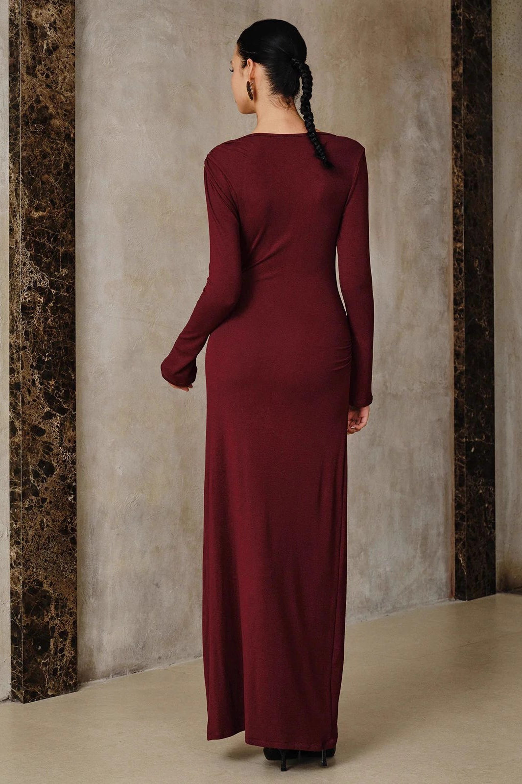 Satin Long Sleeve Metal Trim Bodycon Formal Midi Dress