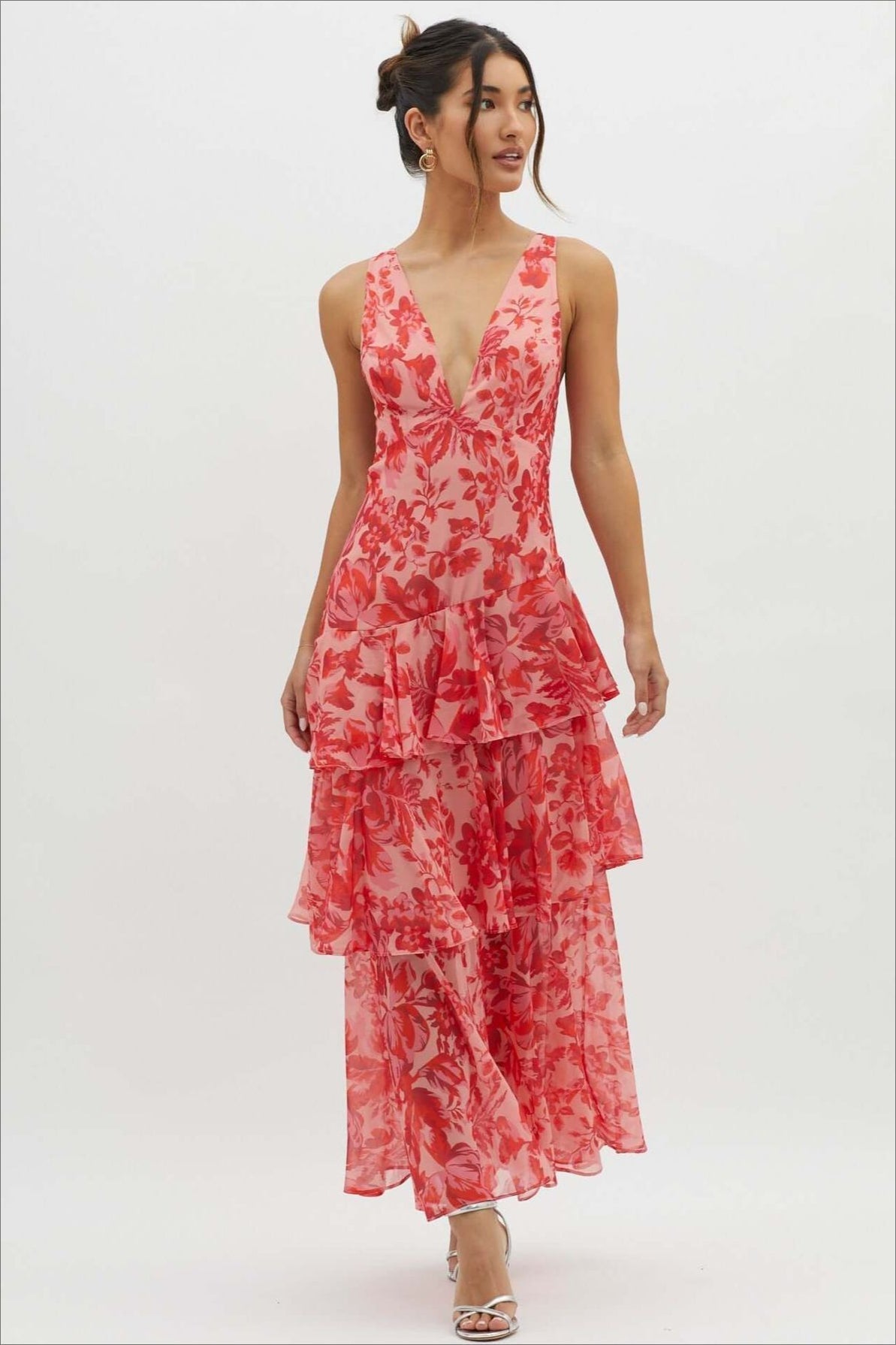 Floral Deep V-Neck Sleeveless Tiered Ruffle Chiffon Maxi Dress