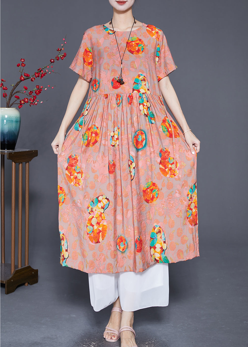 Abstract Print Round Neck Short Sleeve Empire Waist Gathered Midi Dress