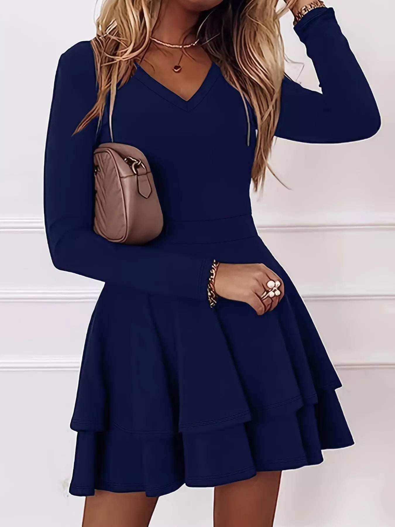 V-Neck Layered Ruffle Mini Dress Navy