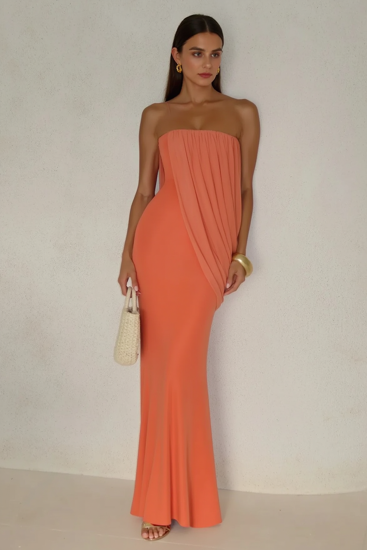 Draped Mesh Tube Irregular Ruche Maxi Slim Bodycon Dress