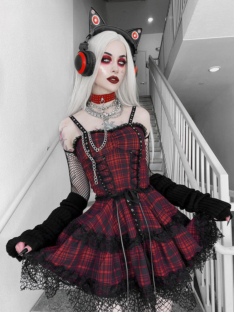 Plaid Corset Lace Up Tiered Ruffle Mini Dress