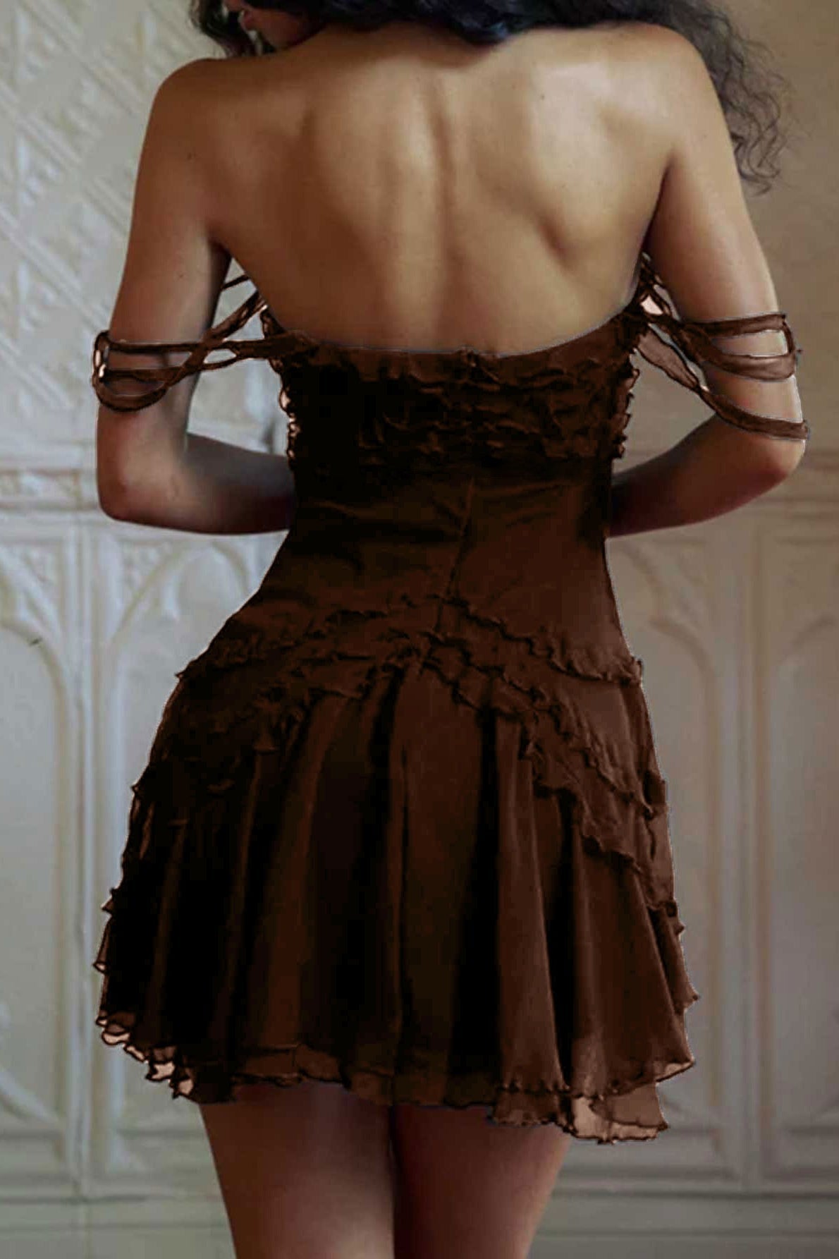 Sheer Mesh Off Shoulder Ruffle Ruched Bodycon Mini Dress