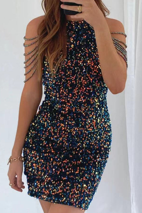 Sequin High Neck Tassel Shoulder Bodycon Mini Dress