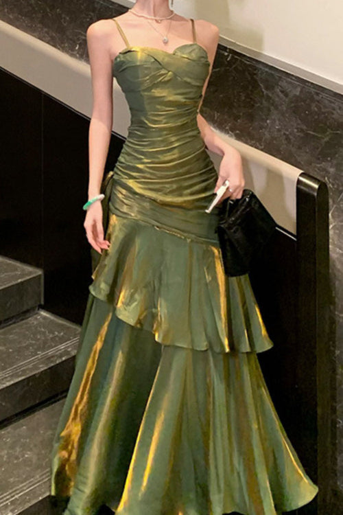 Iridescent Satin Spaghetti Strap Ruched Tiered Mermaid Maxi Dress