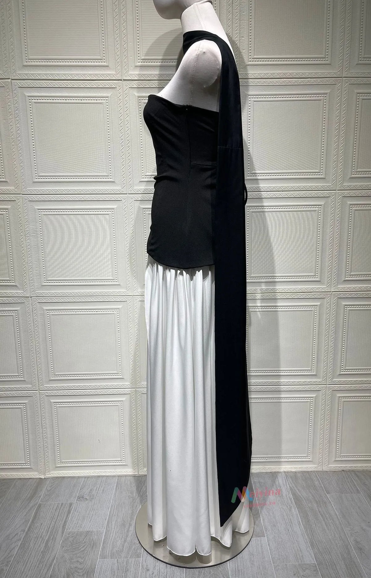 Strapless Asymmetric Drop Waist High Split Maxi Dress with Scarf 14