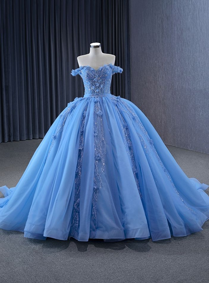 Glitter Blue Ball Gown Tulle Off the Shoulder Sequins Appliques Prom Dress cc1724