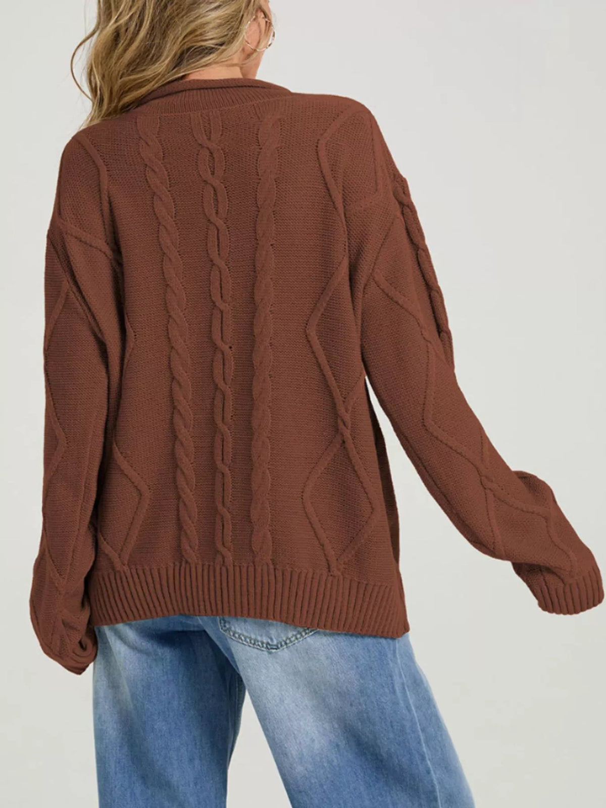 Crew Neck Long Sleeve Cable Knit Side Slit Oversized Sweater 2