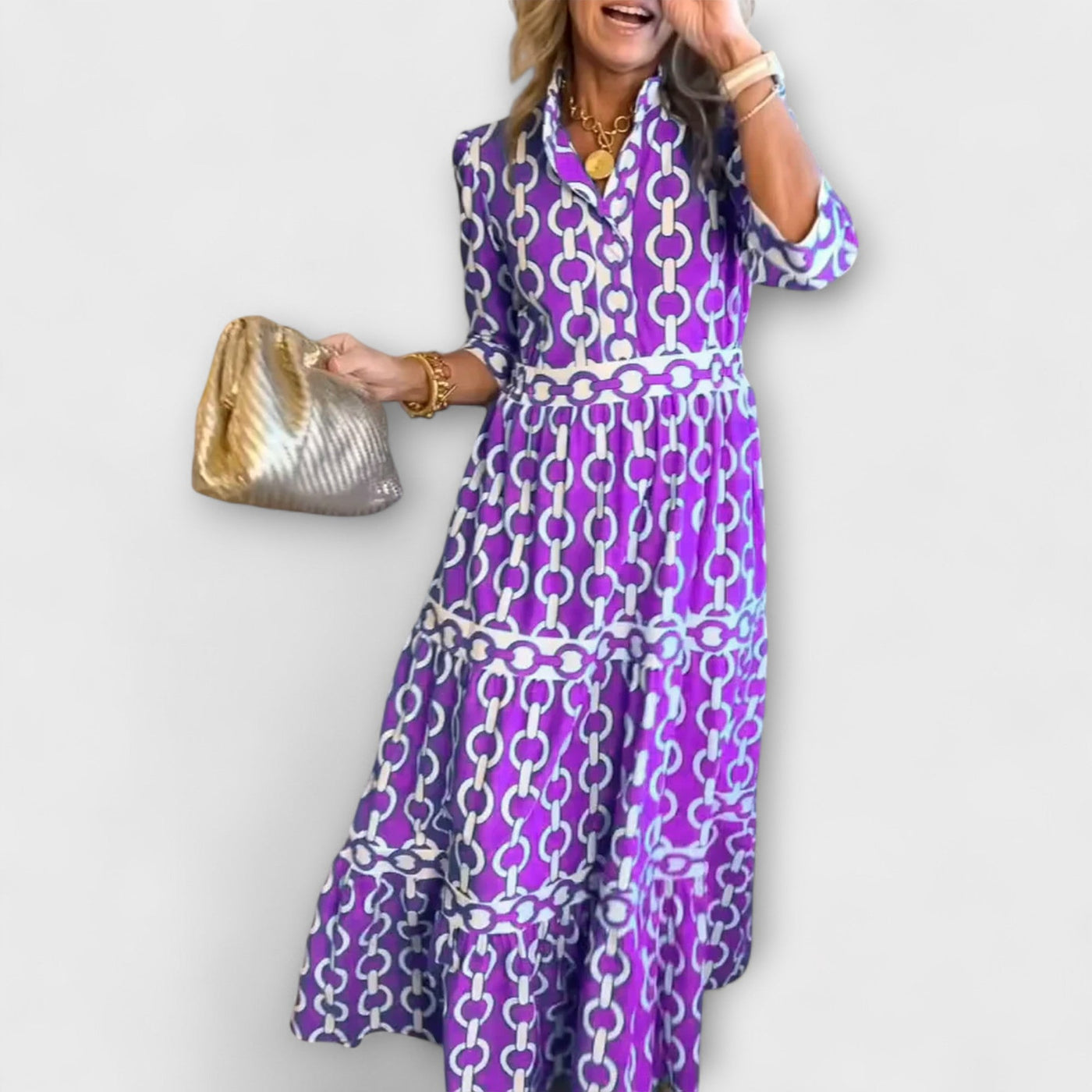 Chain Print Collared Long Sleeve Tiered Midi Dress 4