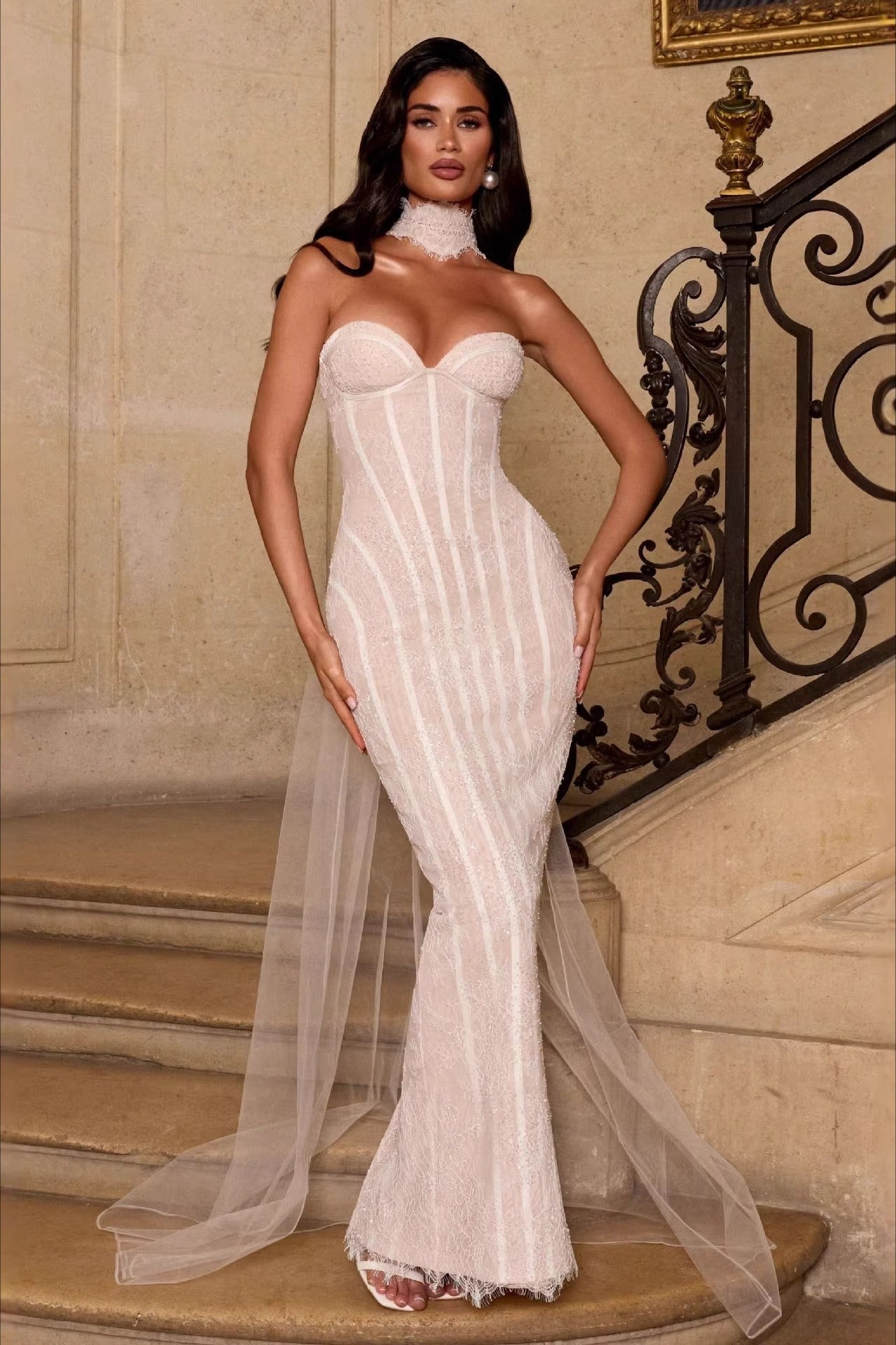 Lace Trim Strapless Cami Fit Floor Lace Dress
