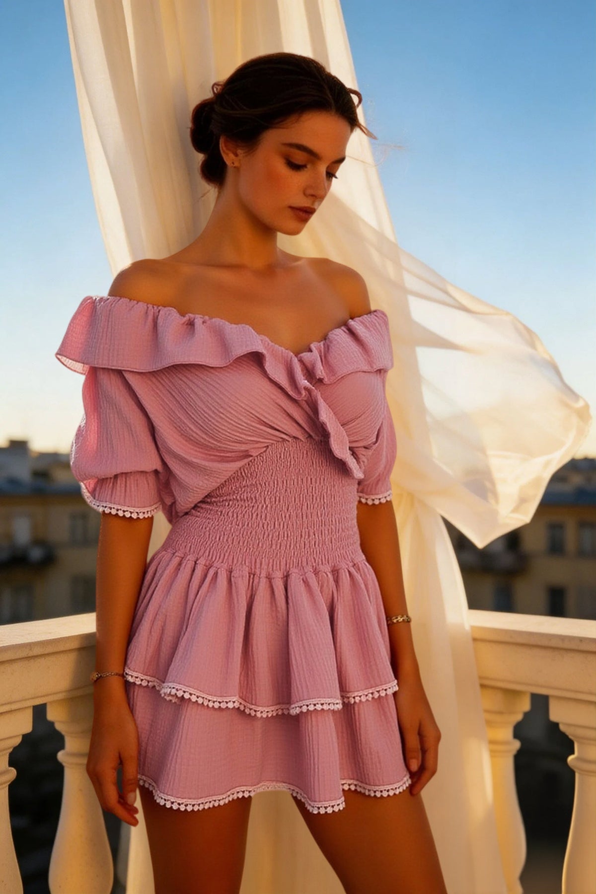 Off Shoulder Ruffle Smocked Waist Tiered Lace Trim Mini Dress