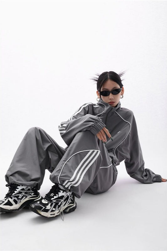 Side Stripe Stand Collar Zip Track Jacket and Wide Leg Track Pants Two Piece Set 2
