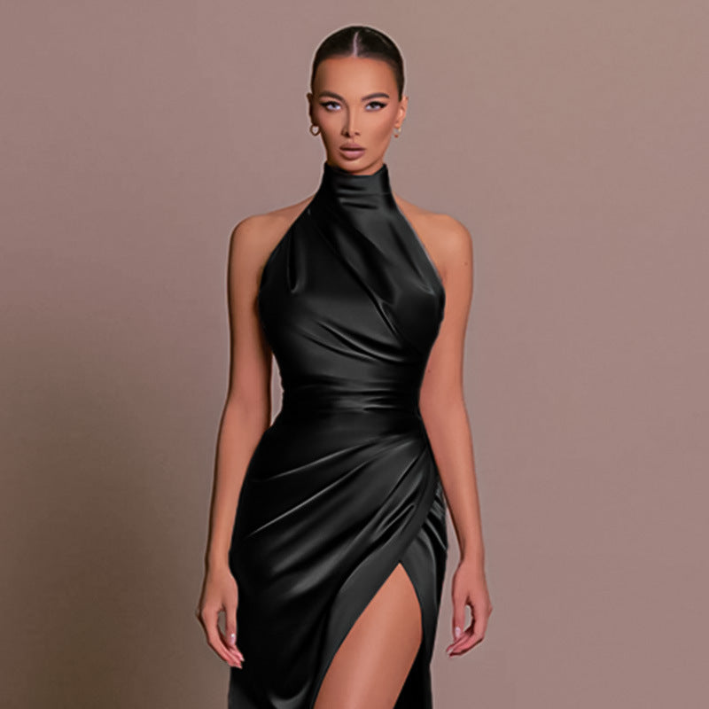 Satin Halter Neck Ruched Wrap High Split Maxi Gown