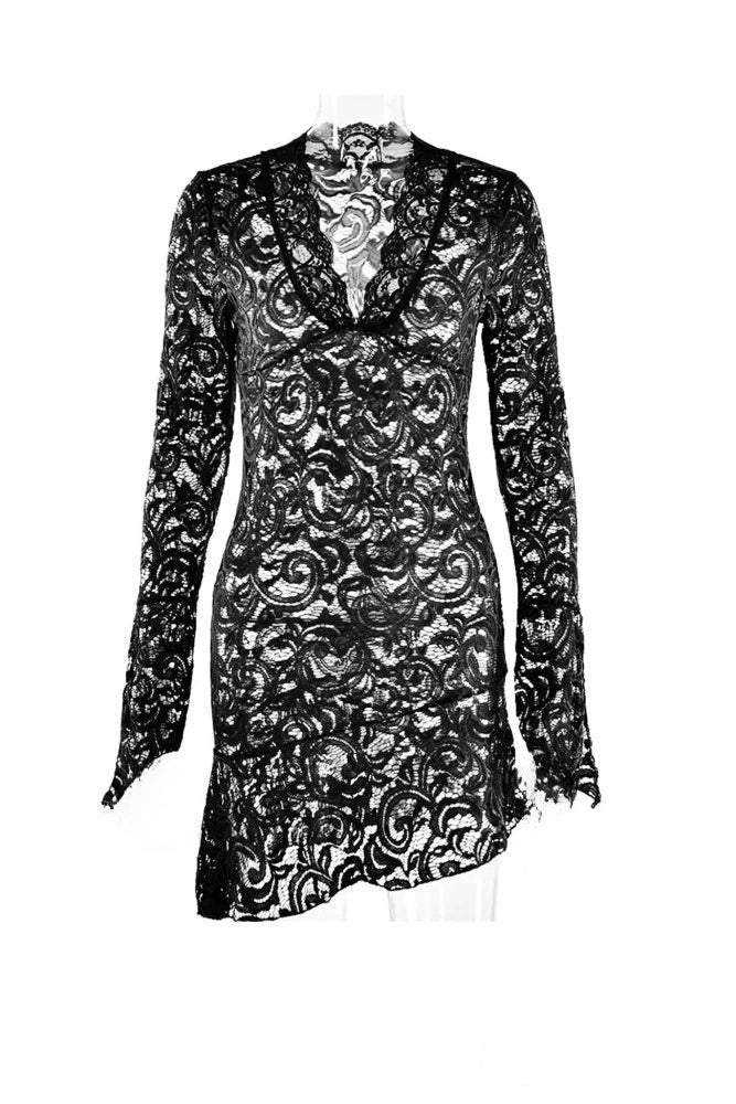 Lace Deep V-Neck Bell Sleeve Asymmetric Ruffle Hem Bodycon Mini Dress