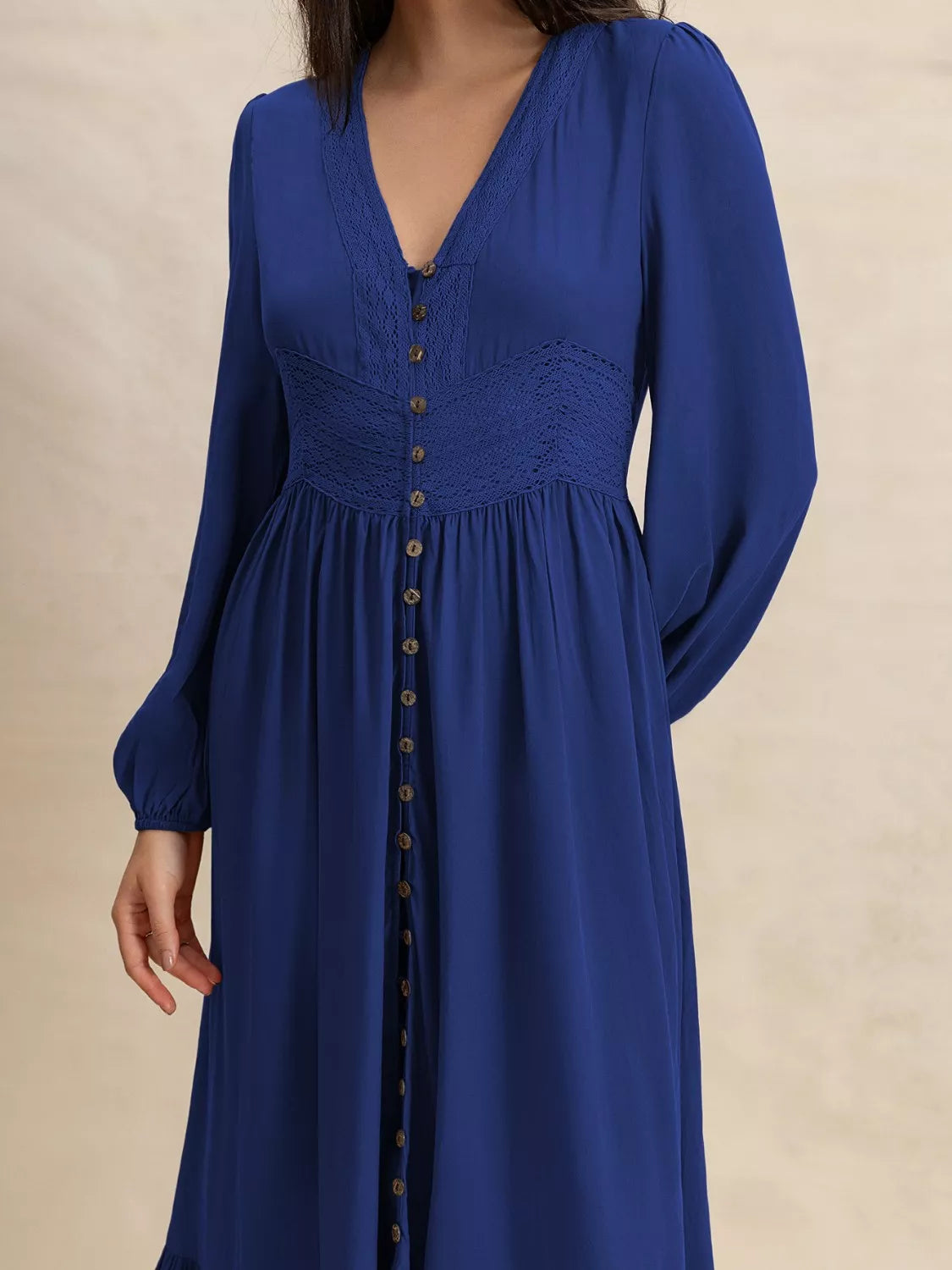 Lace Trim V-Neck Long Sleeve Button Front Tiered Maxi Dress 13