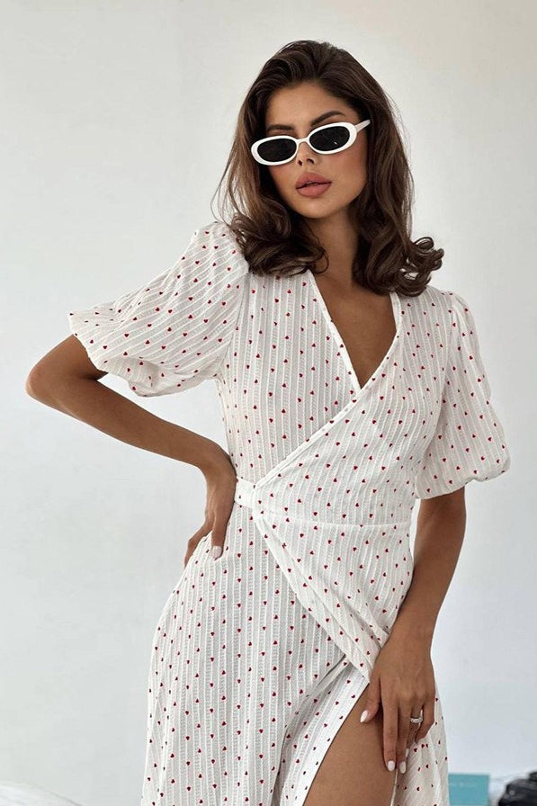 Cotton Heart Print V-Neck Wrap Maxi Dress