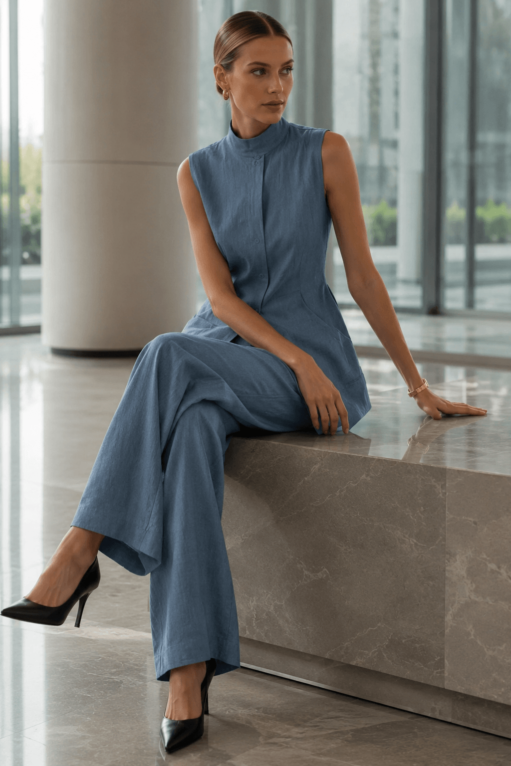 Drape Sleeveless Shirt Elegant Two Piece Work Set