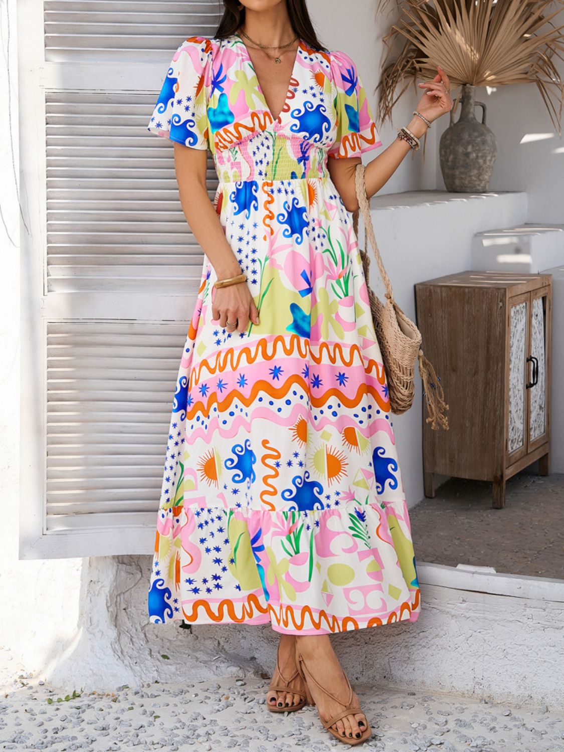 Geometric Tile Print V-Neck Short Sleeve Smocked Waist Ruffle Hem Maxi Dress 7