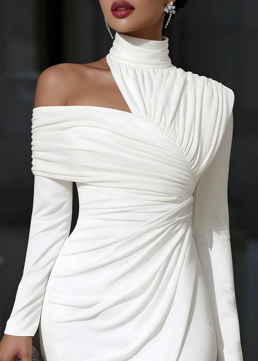 High Neck Long Sleeve Ruched High Split Midi Dress 9