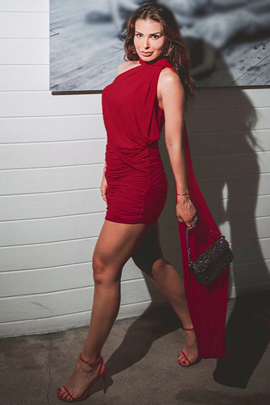 Halter High Neck Draped Ruched Bodycon Cocktail Mini Dress