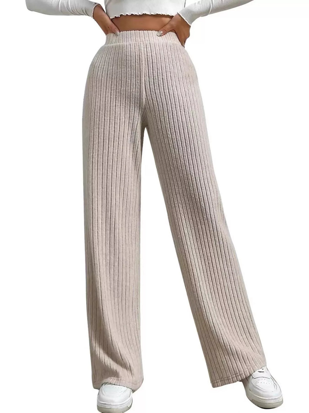 High Waist Ribbed Knit Elastic Waist Wide Leg Pants