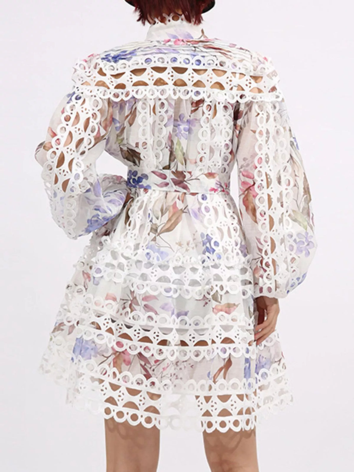 Lace Eyelet Mini Dress with Balloon Sleeves
