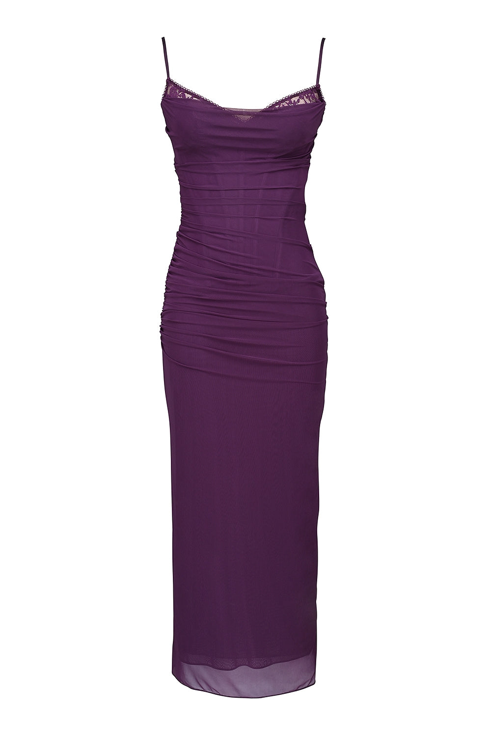 Sheer Mesh Ruched Corset Lace Trim Cami Bodycon Maxi Dress 9