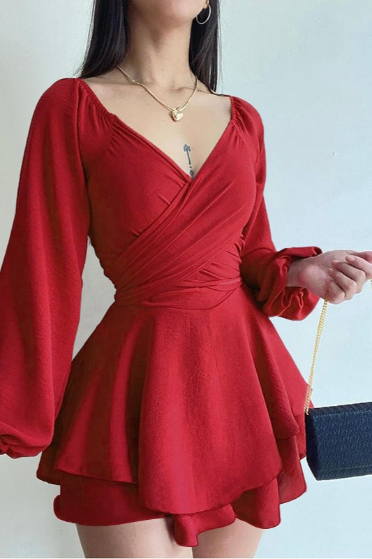 Deep V-Neck Wrap Ruched Balloon Sleeve Tiered Flared Mini Cocktail Dress