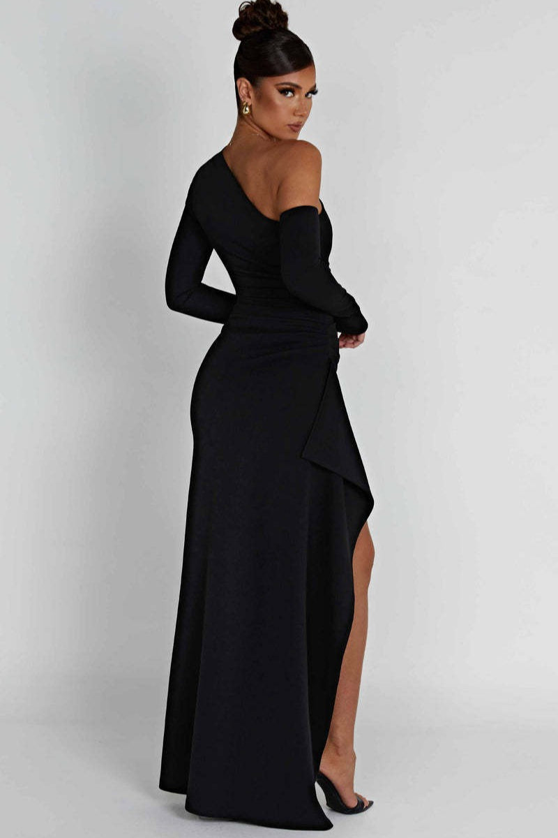 One Shoulder Long Sleeve Ruched High Split Mermaid Gown