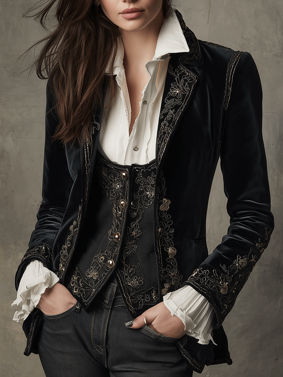 Embroidered Velvet Fitted Blazer
