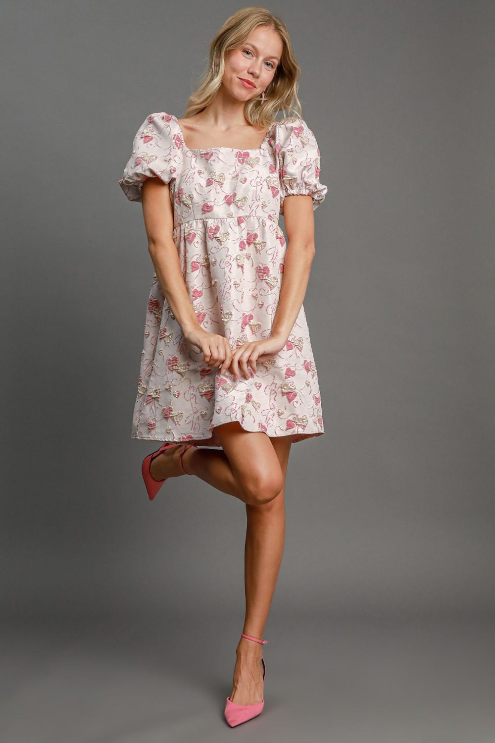 Jacquard Square Neck Puff Sleeve Babydoll Mini Dress