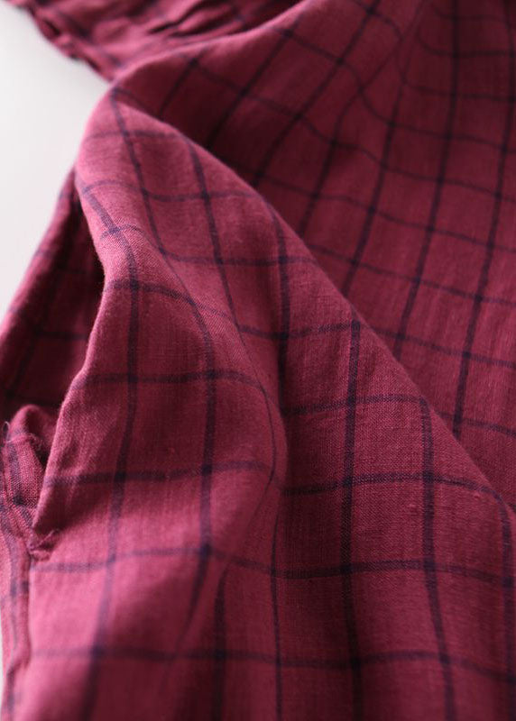 Plaid Print Ruffle Mock Neck Short Puff Sleeve Oversized A-Line Midi Dress