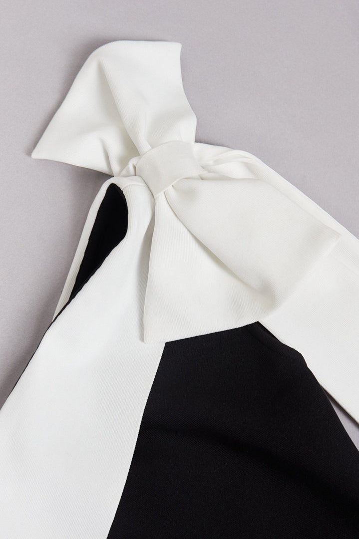 Bandage Off Shoulder Color Block Bow Detail Bodycon Midi Cocktail Dress