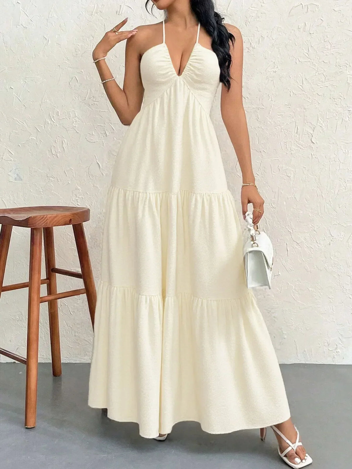 Halter Neck Deep V-Neck Sleeveless Tiered Maxi Dress 5