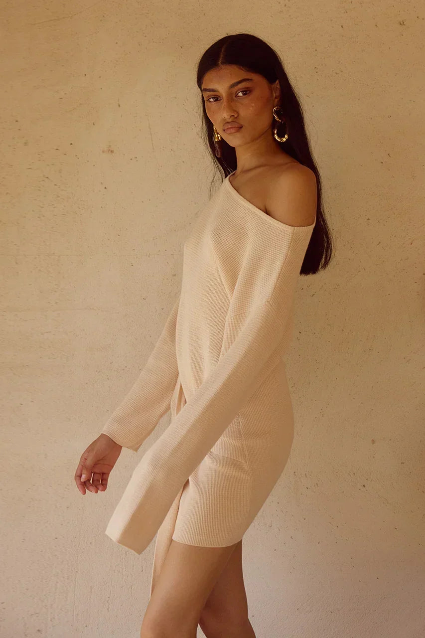 Waffle Knit Off Shoulder Long Sleeve Tie Front Sweater Mini Dress 5